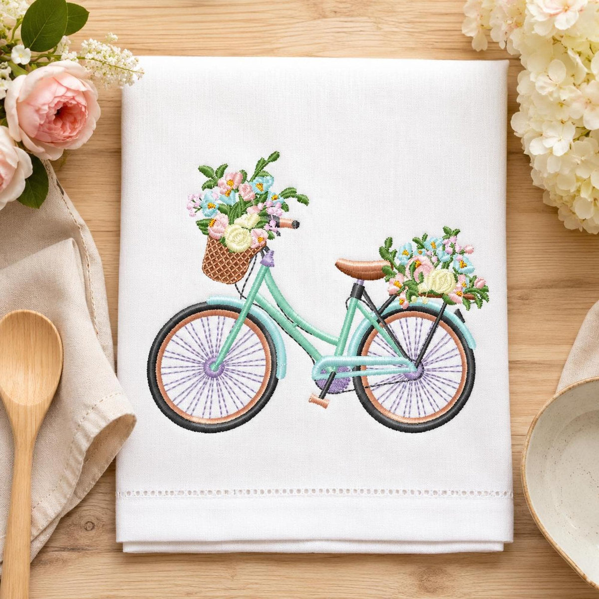 Towel with mint bicycle and flower basket embroidery, build your own embroidery bundle example for nursery decor