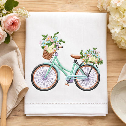 Towel with mint bicycle and flower basket embroidery, build your own embroidery bundle example for nursery decor