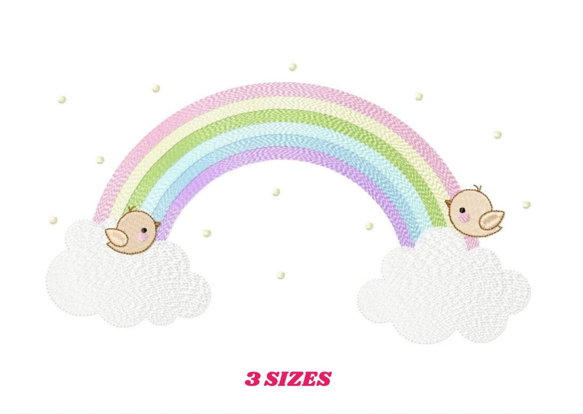 Pastel rainbow with tiny stars, sleeping cloud baby, labeled 3 sizes, baby rainbow machine embroidery design sample
