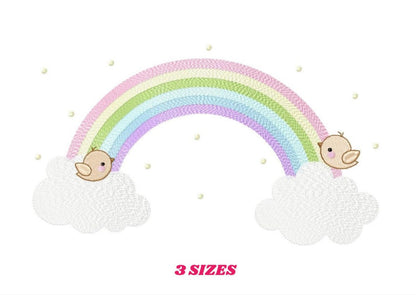 Pastel rainbow with tiny stars, sleeping cloud baby, labeled 3 sizes, baby rainbow machine embroidery design sample
