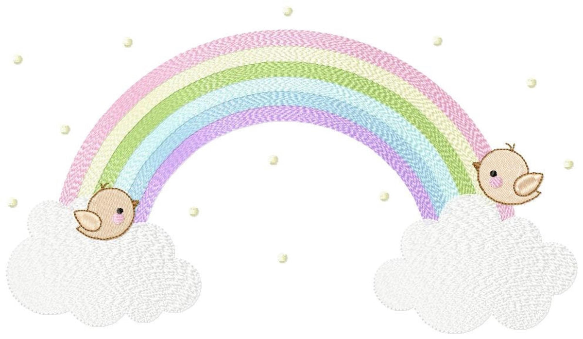 Close crop of delicate pastel rainbow and scattered stars, sleepy baby cloud, cute rainbow cloud embroidery pattern view