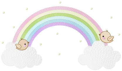 Close crop of delicate pastel rainbow and scattered stars, sleepy baby cloud, cute rainbow cloud embroidery pattern view