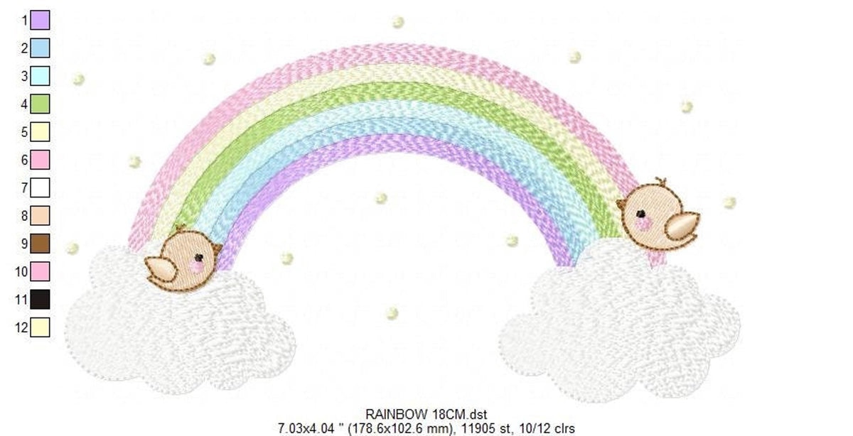 Arc with stitch key and numbered color blocks, baby rainbow machine embroidery design technical layout