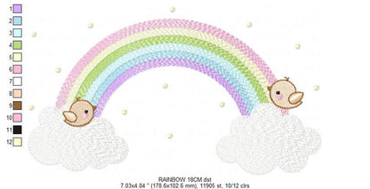 Arc with stitch key and numbered color blocks, baby rainbow machine embroidery design technical layout