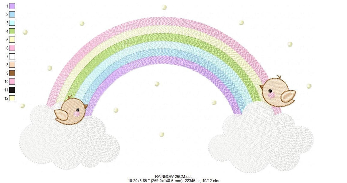 Pastel rainbow over textured clouds, visible thread selection strips, burp cloth baby embroidery design mockup