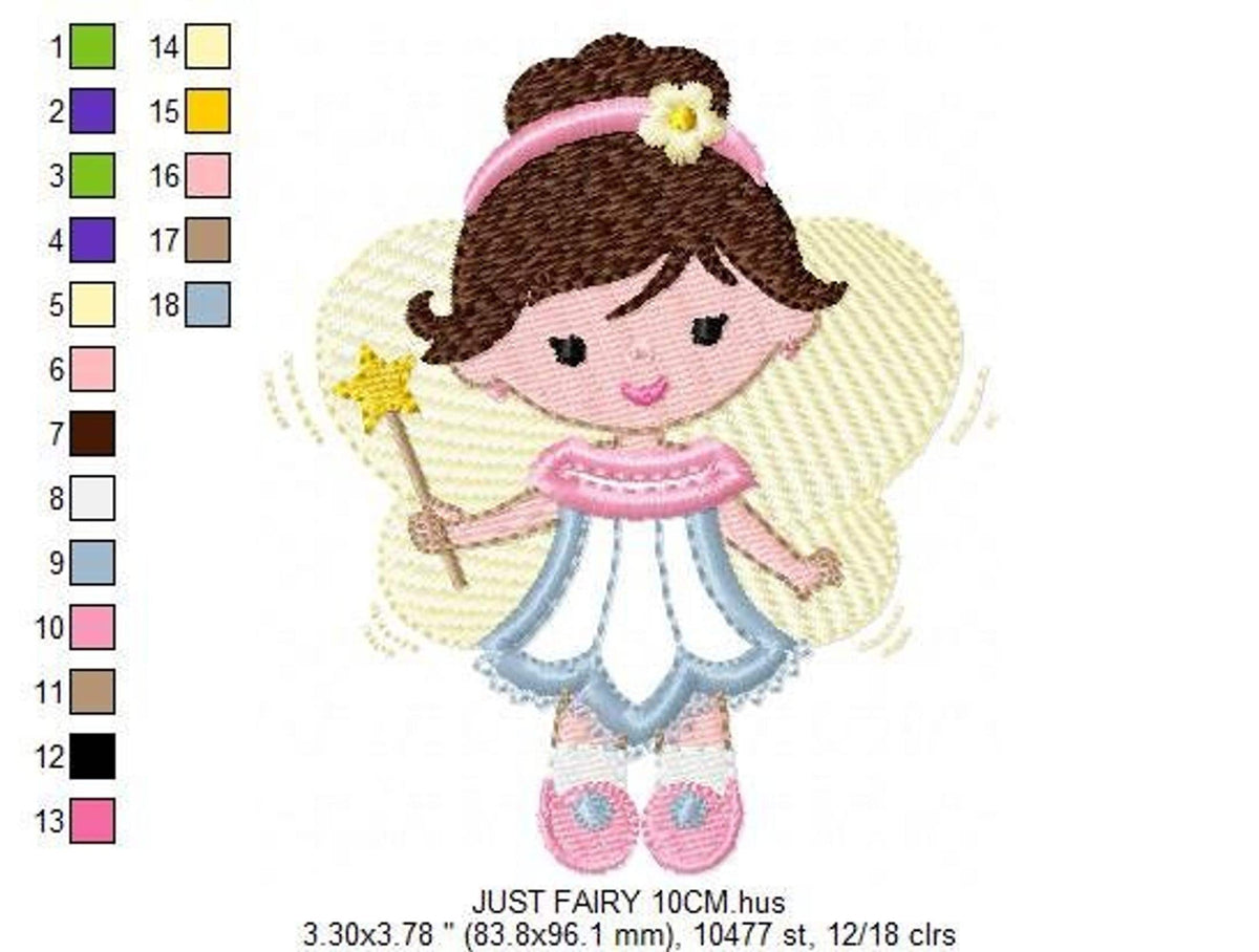 Angel fairy applique pattern with thread color chart and palette swatches beside the stitched pixie girl