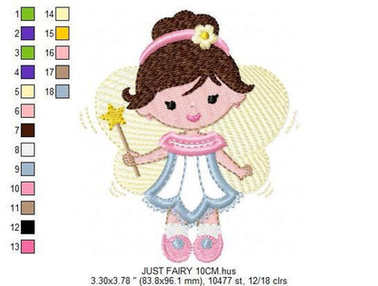 Angel fairy applique pattern with thread color chart and palette swatches beside the stitched pixie girl
