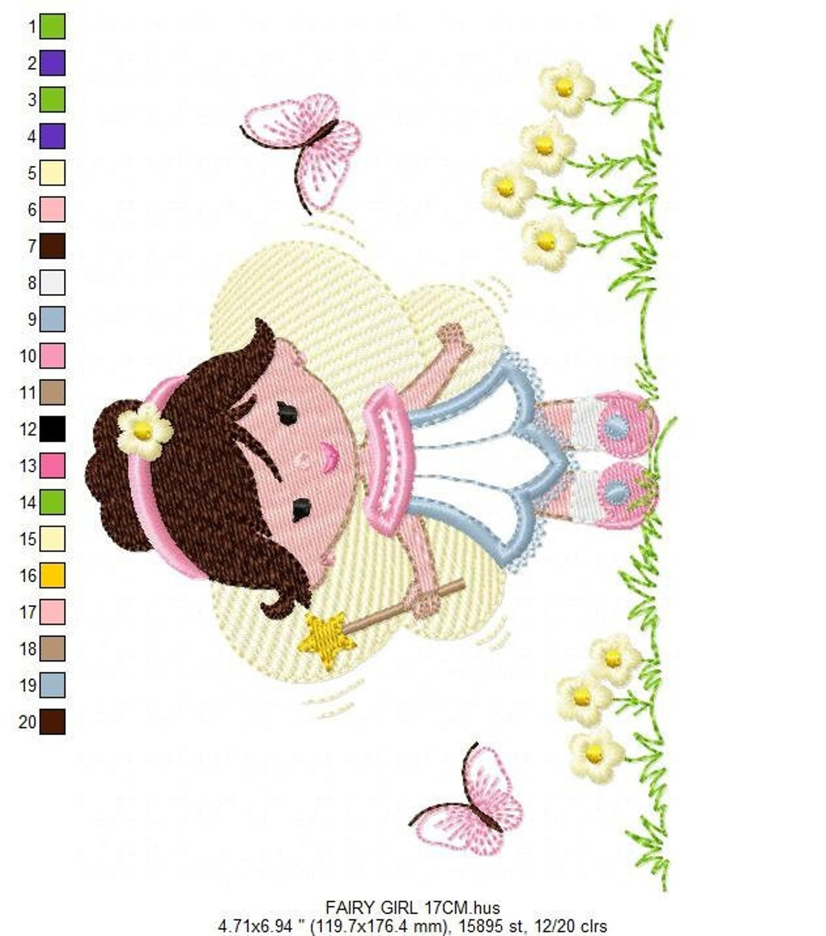 Rotated stitch view of nursery fairy embroidery pattern, delicate yellow wings, flower hair accessory and butterfly