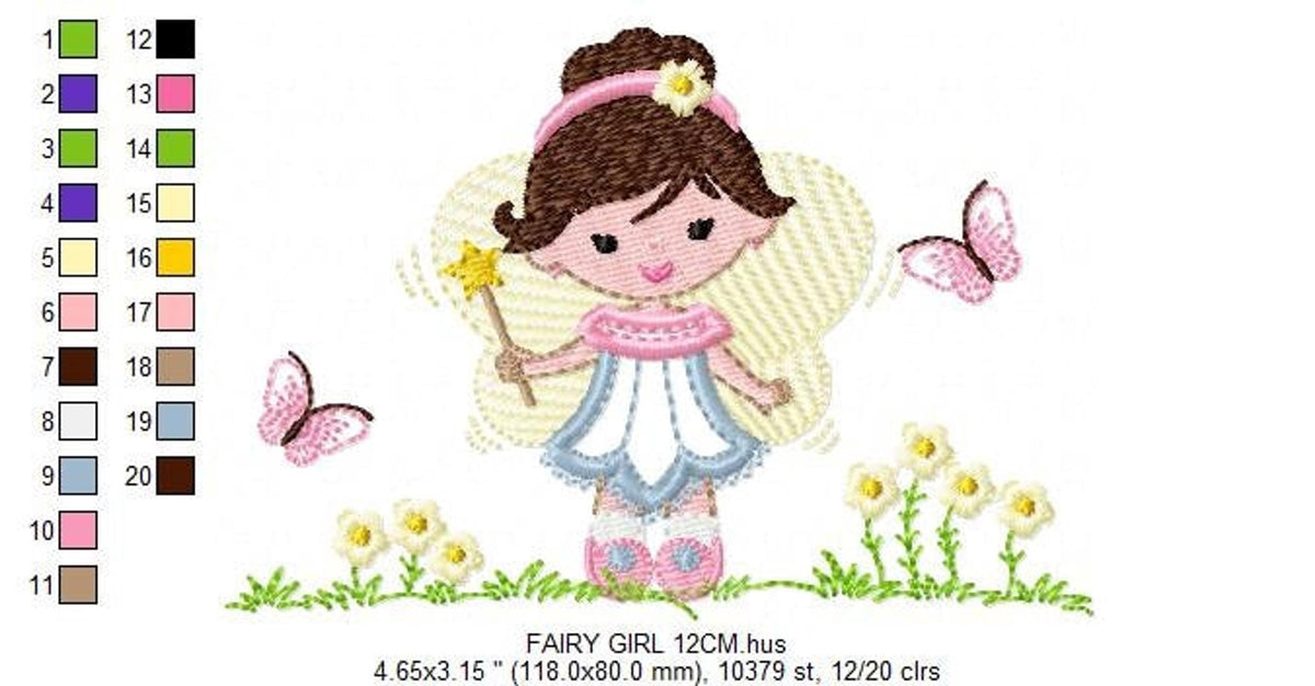 Small-scale fairy applique embroidery design sample with thread legend, ideal for burp cloth and bib projects
