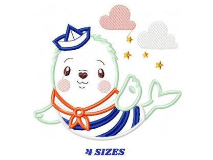 Small centered kawaii sailor seal, pastel clouds and stars, blue hat, 4 SIZES text, seal applique embroidery design