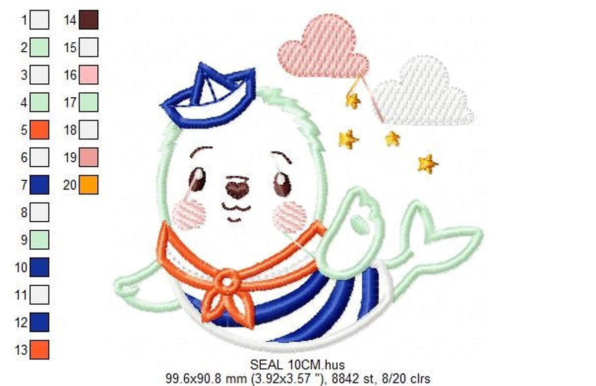 Sailor seal with vertical thread chart at left, dimension labels below, nautical baby embroidery design digital file