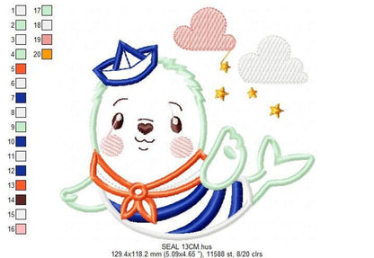 Front view kawaii sailor seal wearing striped shirt and orange scarf, left color legend, nursery embroidery pattern file