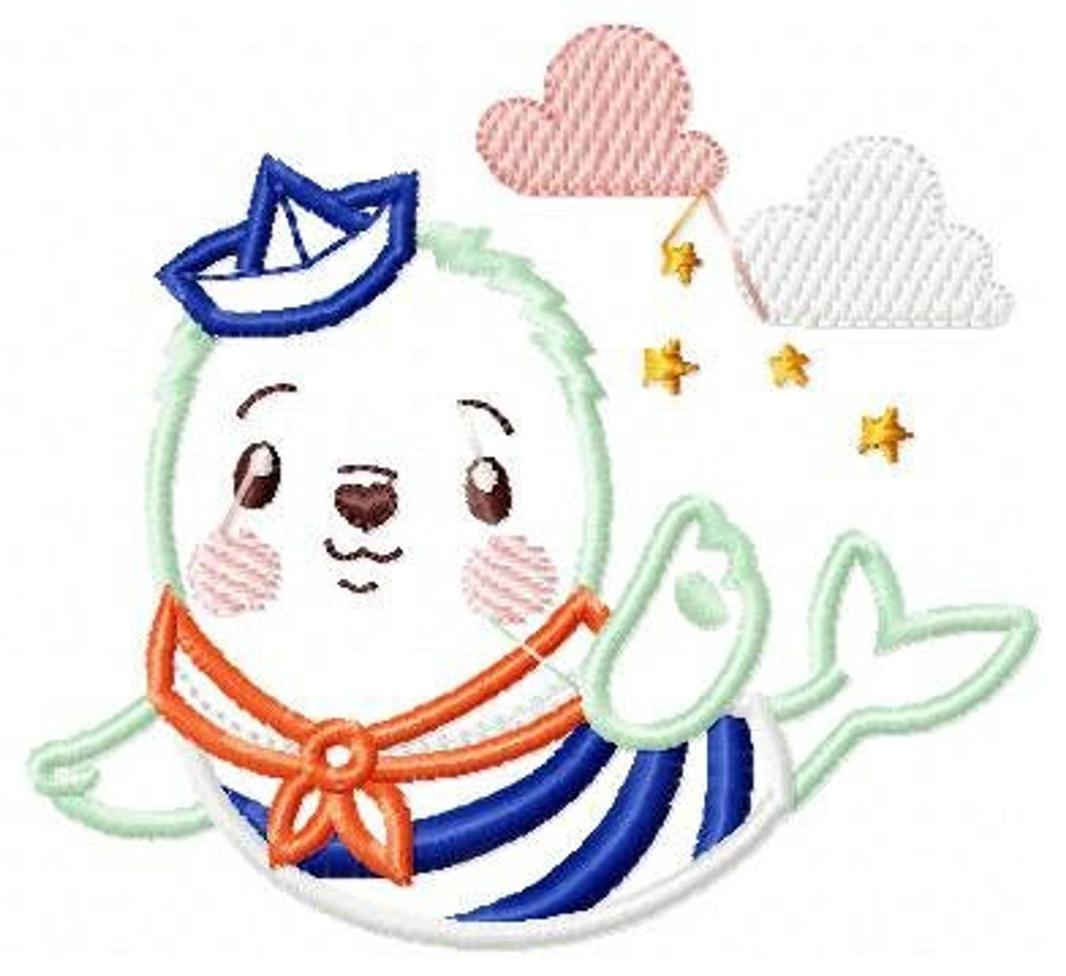 Close-up of sailor seal applique showing stitch detail, blue hat, orange scarf, kawaii seal embroidery