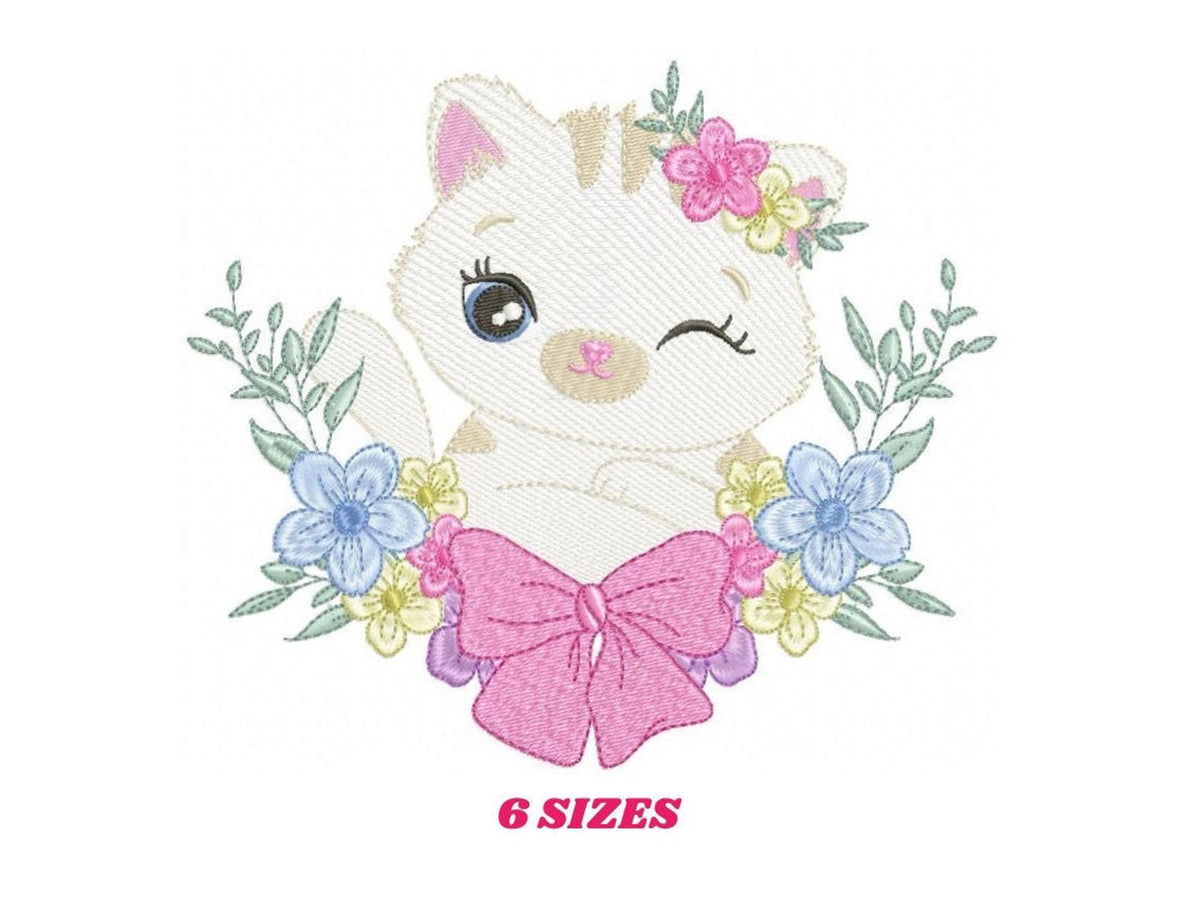 Small centered cute cat embroidery design, pastel florals and big pink bow, labeled 6 sizes