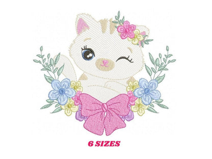 Small centered cute cat embroidery design, pastel florals and big pink bow, labeled 6 sizes