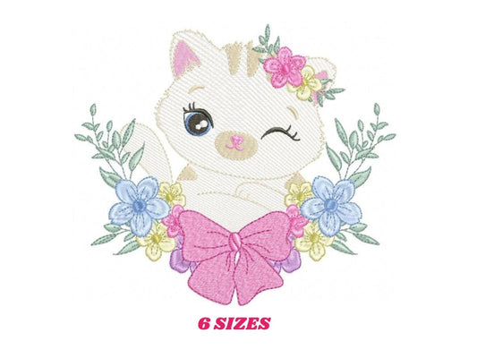 Small centered cute cat embroidery design, pastel florals and big pink bow, labeled 6 sizes