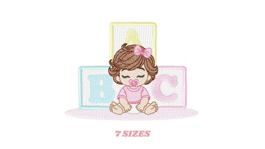 Small preview, baby girl embroidery design with brown wavy hair, pink bow, pacifier, pastel ABC blocks