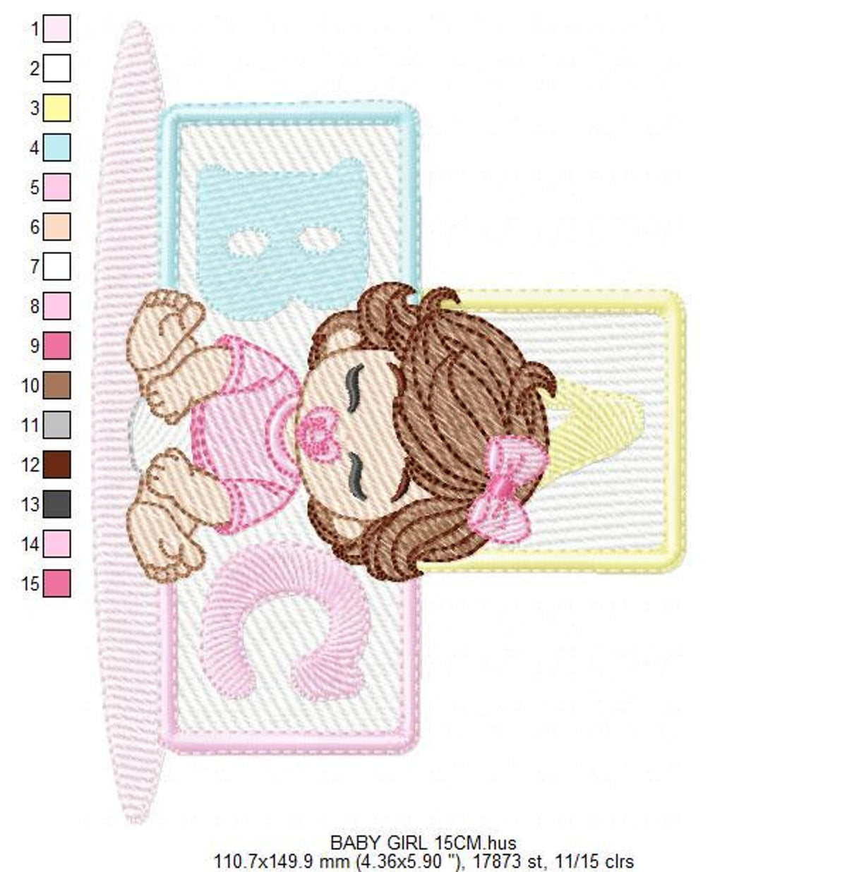 Side-angled view, baby with pacifier embroidery showing stitch sequence numbers and pastel ABC block details