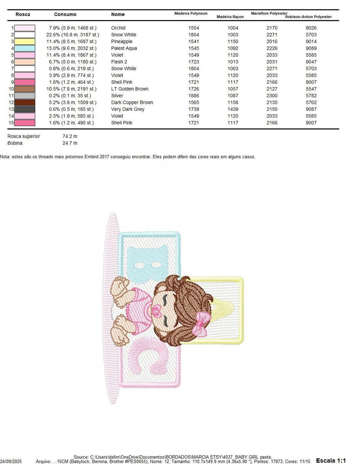 Detailed stitch count table and thread list, baby girl PES DST JEF HUS formats noted for machine embroidery