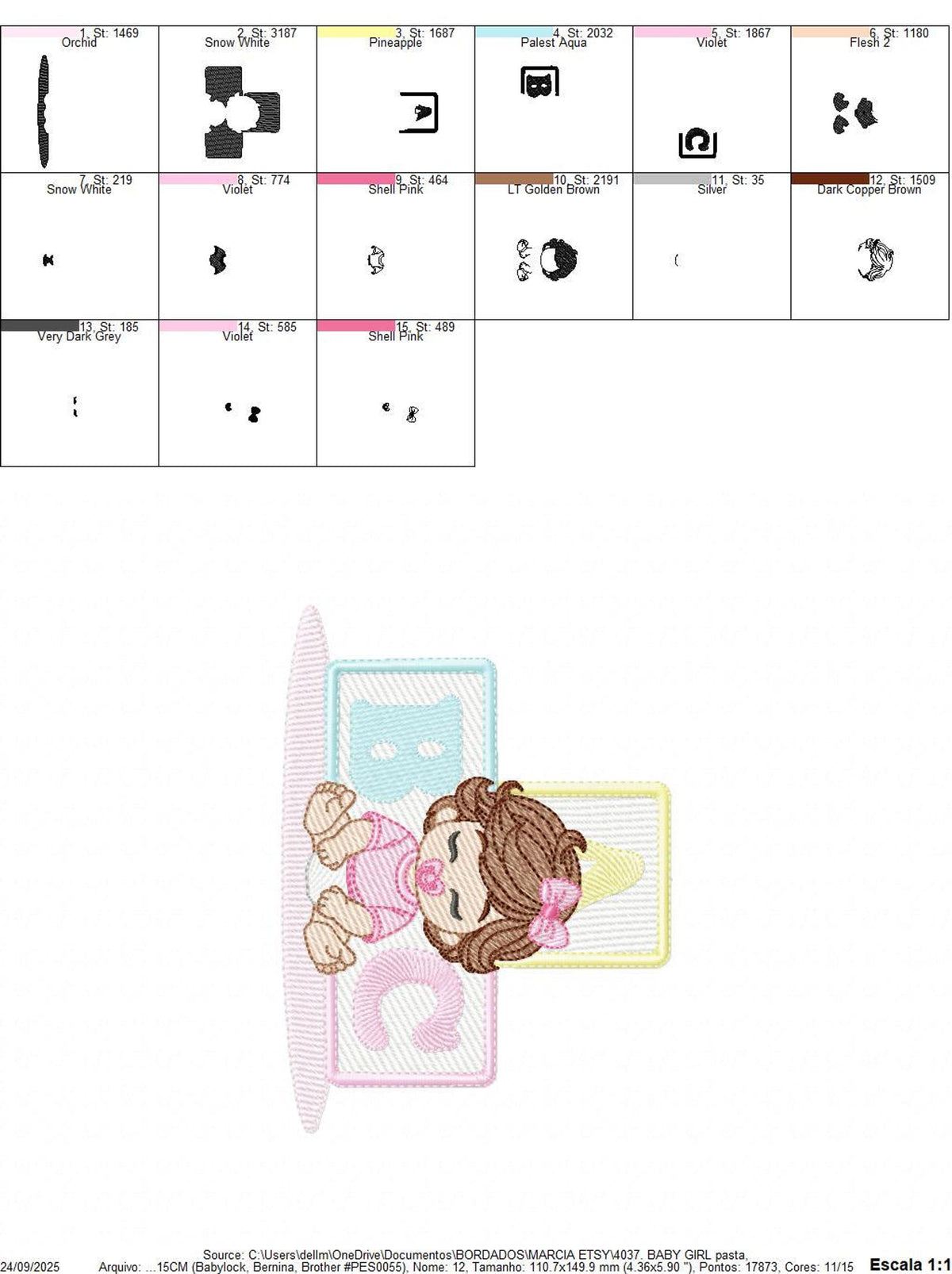 Step diagrams and hoop placement, embroidery file for burp cloth and baby bib, multi-format chart included