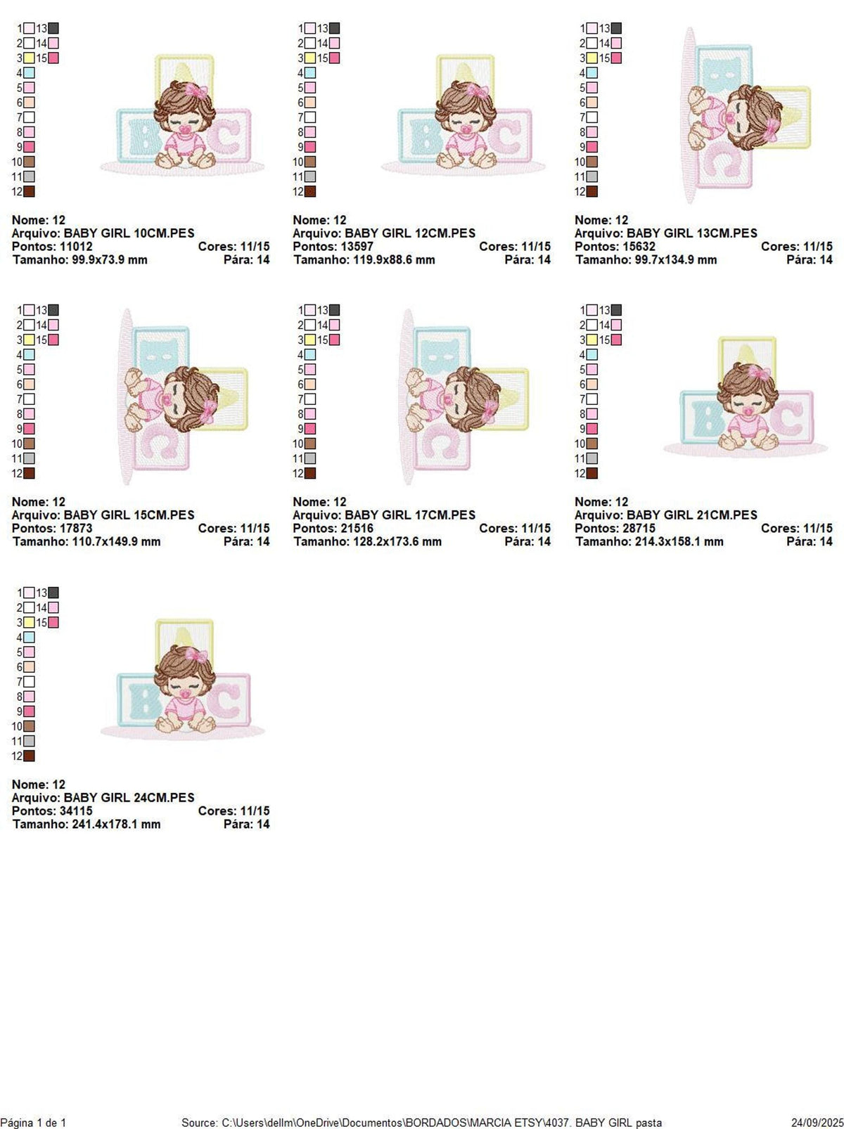 Seven-size thumbnails with stitch counts and color keys, digital download baby girl embroidery design for nursery