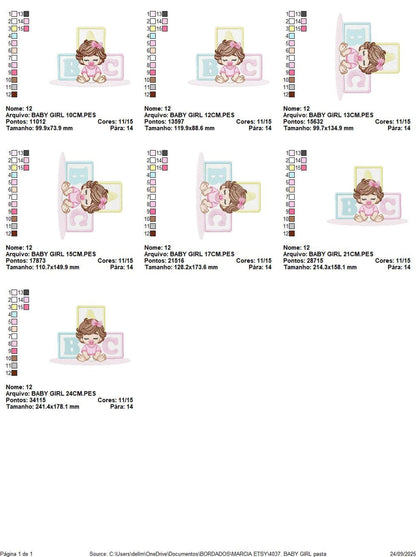 Seven-size thumbnails with stitch counts and color keys, digital download baby girl embroidery design for nursery