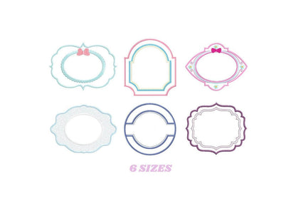 Six pastel monogram frame applique embroidery design samples, oval, round and plaque shapes, pink teal purple, blank centers