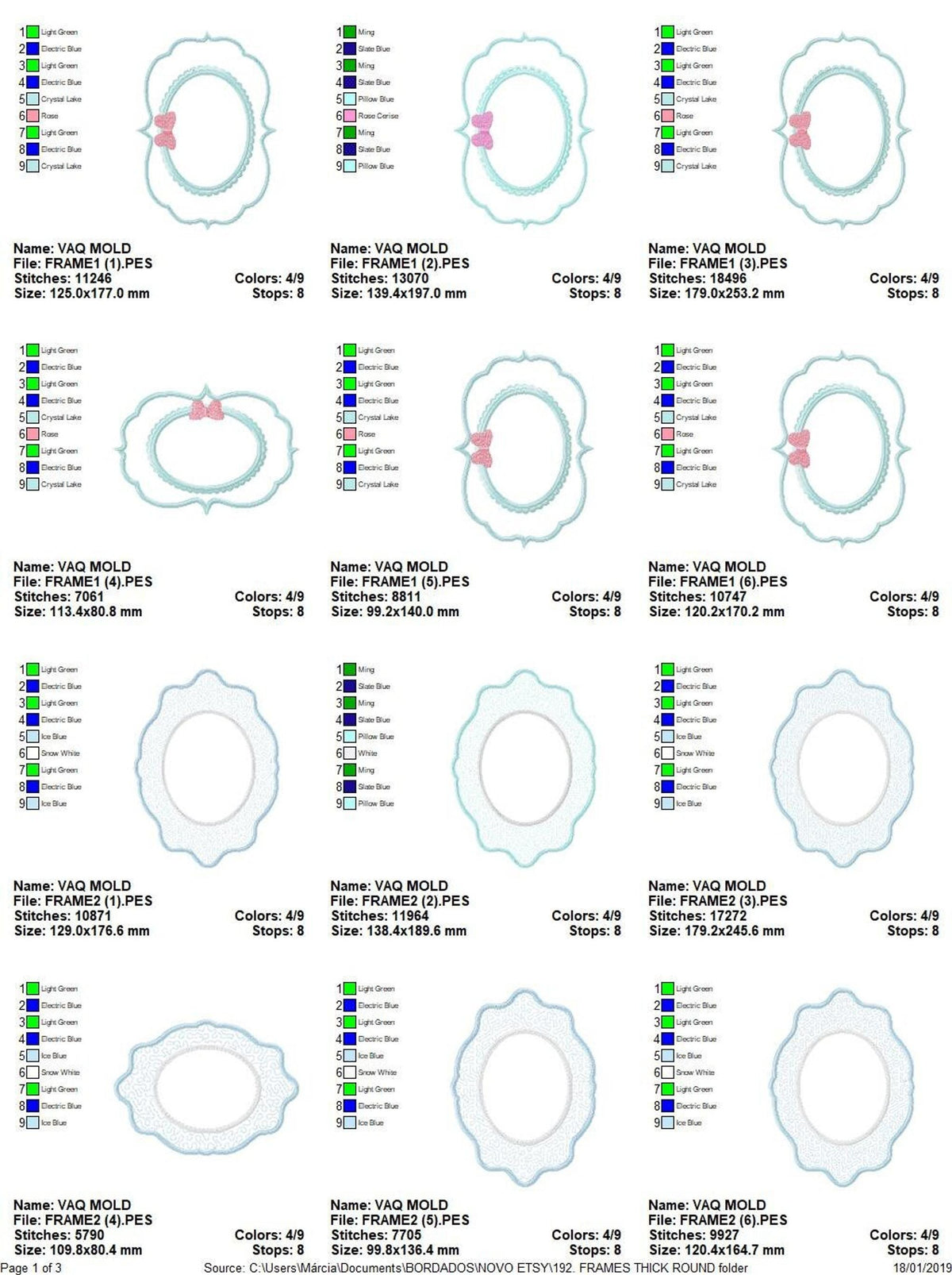 Compact grid of thumbnails showing sizes, stitch counts and color charts for the applique frame set digital download