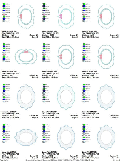 Compact grid of thumbnails showing sizes, stitch counts and color charts for the applique frame set digital download