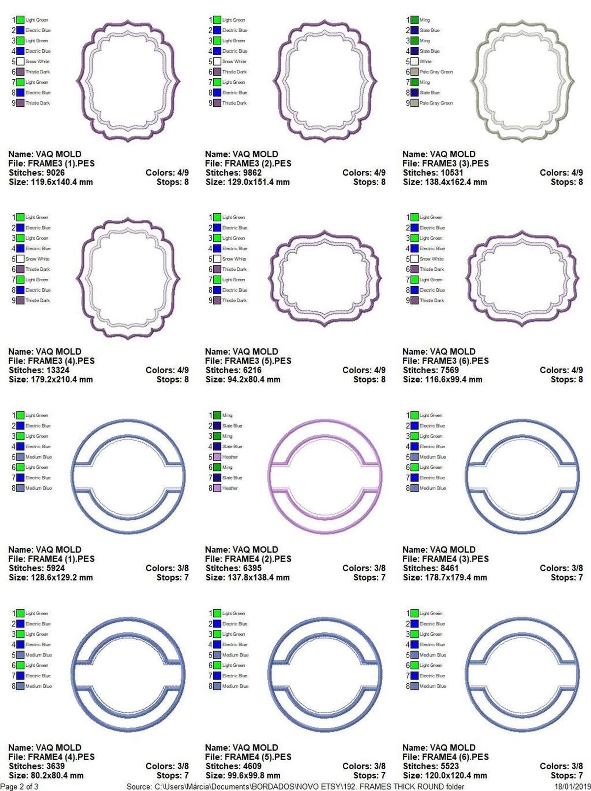 Detailed stitch maps for round and oval machine embroidery monogram frame styles, with color sequence and size listings