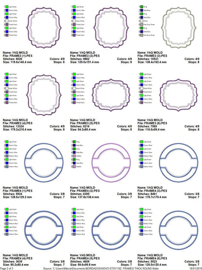 Detailed stitch maps for round and oval machine embroidery monogram frame styles, with color sequence and size listings