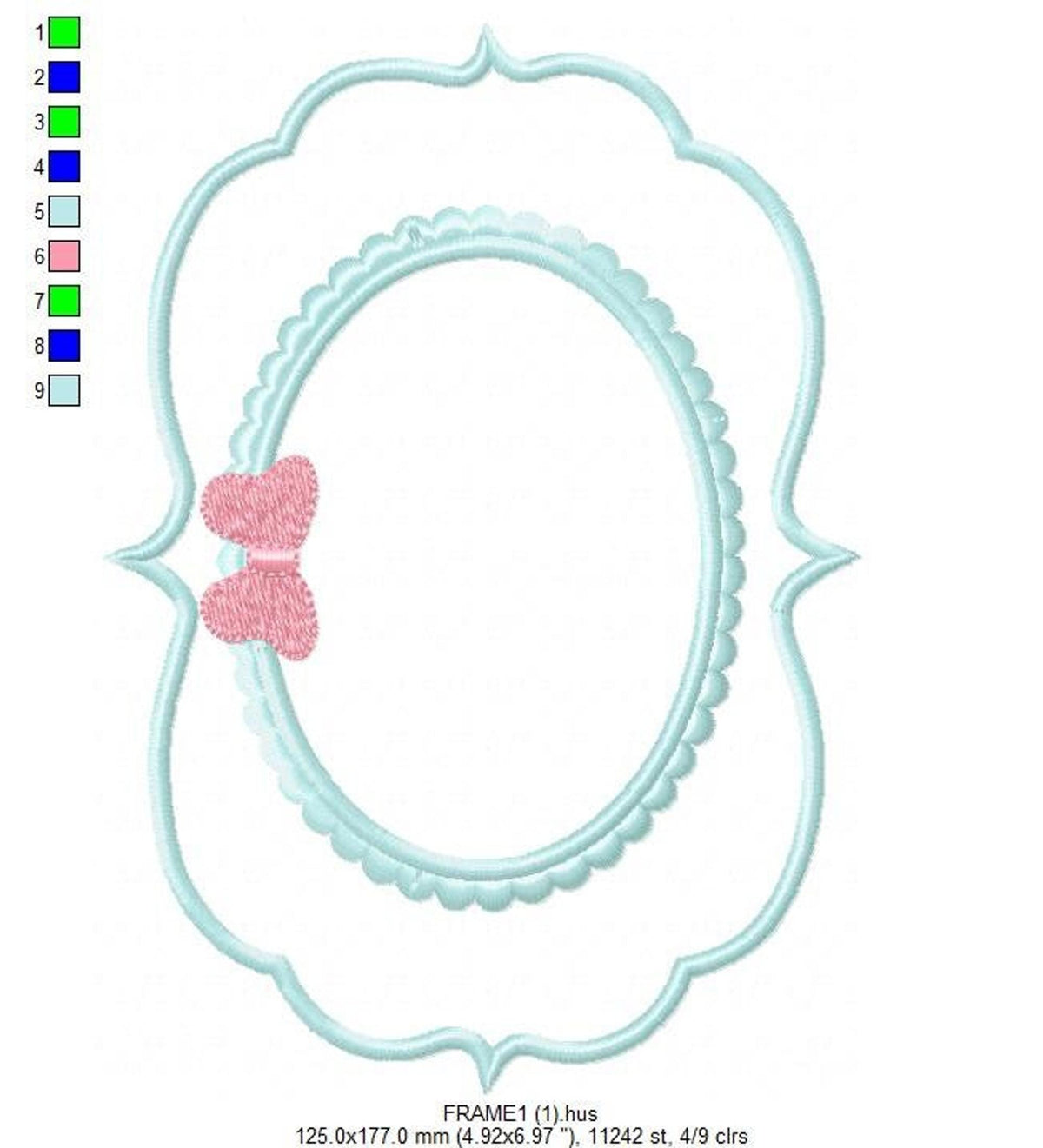 Aqua scalloped oval plaque with small pink bow, close view shows satin and bean stitch layers, blank center for initials