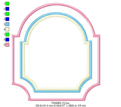 Arched pastel pink and blue applique frame, crisp layered outlines ideal as a girl applique frame for bibs, blank center