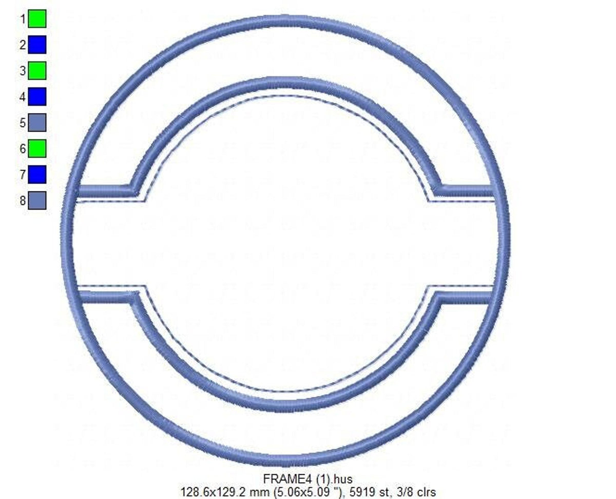 Blue double-ring circular frame, satin and bean stitch outlines for a machine embroidery monogram frame, blank center label