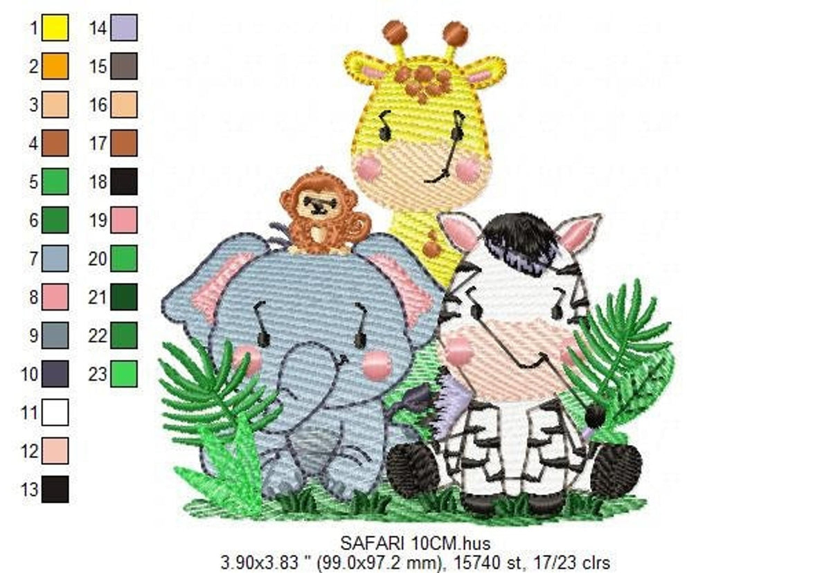 Design preview with vertical color chart and thread keys, safari animals embroidery design, stitch colors listed