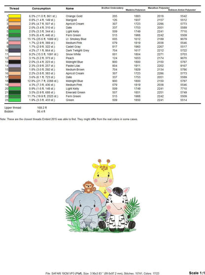 Detailed stitch counts and thread legend for safari animals embroidery design, color numbers and stitch totals