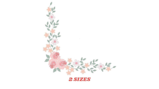 Delicate L-shaped corner with soft pink roses, green leaves, '2 sizes' note, floral corner embroidery design