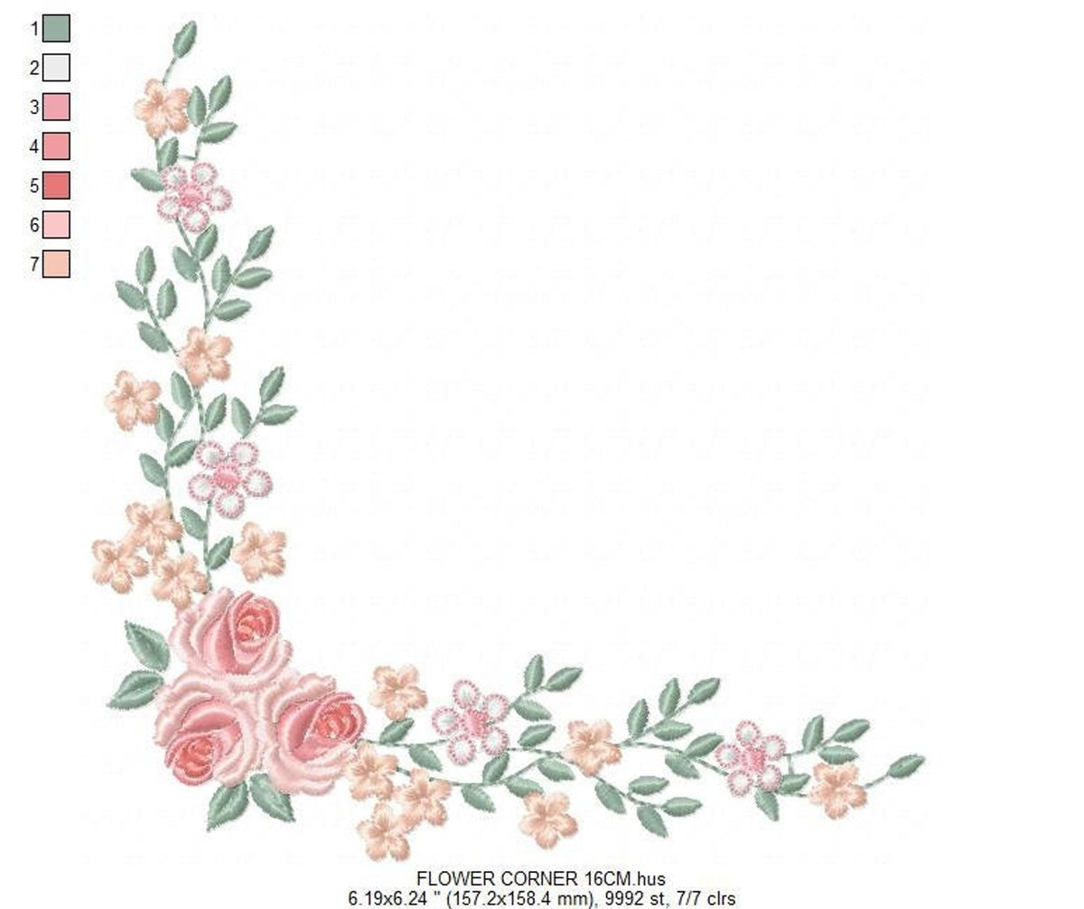 L corner shown with included format icons and boxed dimensions, soft rose and peach blooms, digital download embroidery file