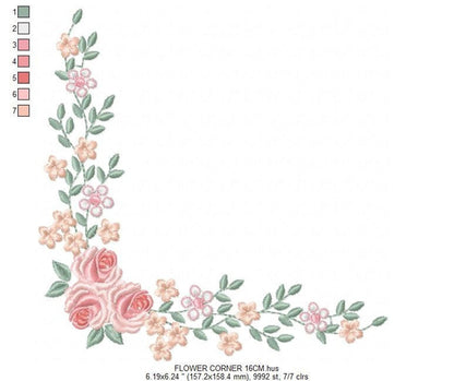 L corner shown with included format icons and boxed dimensions, soft rose and peach blooms, digital download embroidery file
