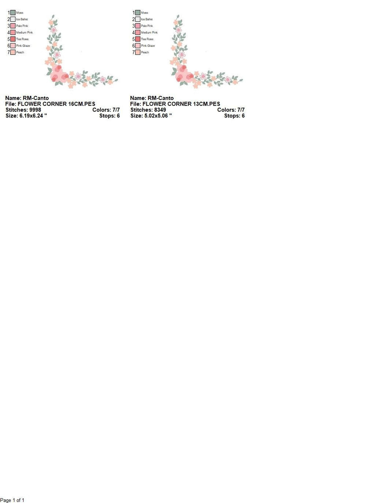 Stitch count and thread color list beside a small L corner, detailed floral frame embroidery design specs shown