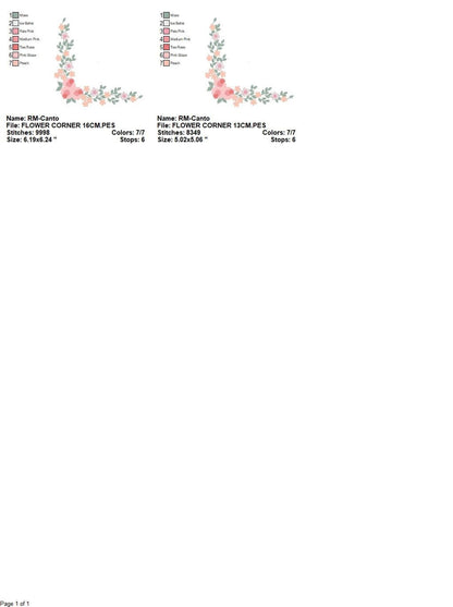 Stitch count and thread color list beside a small L corner, detailed floral frame embroidery design specs shown