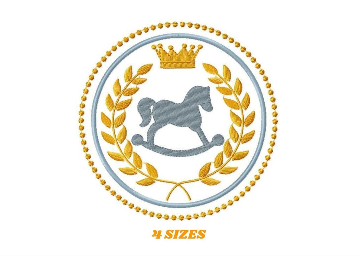Centered rocking horse embroidery design, gray fill-stitch horse, gold laurel wreath and beaded border, shows four hoop sizes