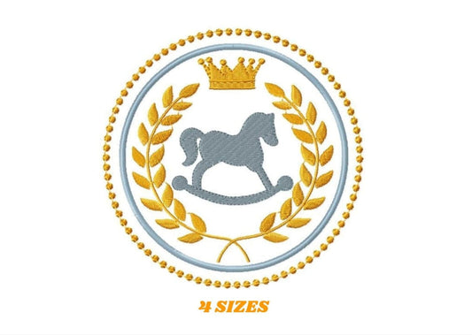 Centered rocking horse embroidery design, gray fill-stitch horse, gold laurel wreath and beaded border, shows four hoop sizes
