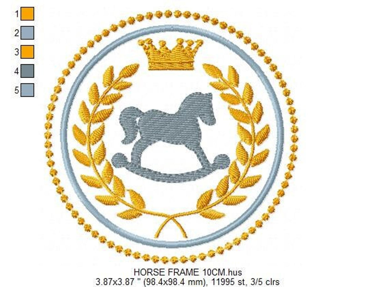 Medium hoop rocking horse embroidery design, gold beaded edge and laurel detail, color blocks and stitch guide at right