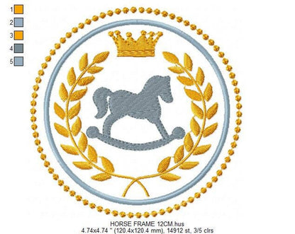 Alternate hoop size rocking horse embroidery design, balanced laurel wreath and beaded border, ideal baby blanket embroidery design