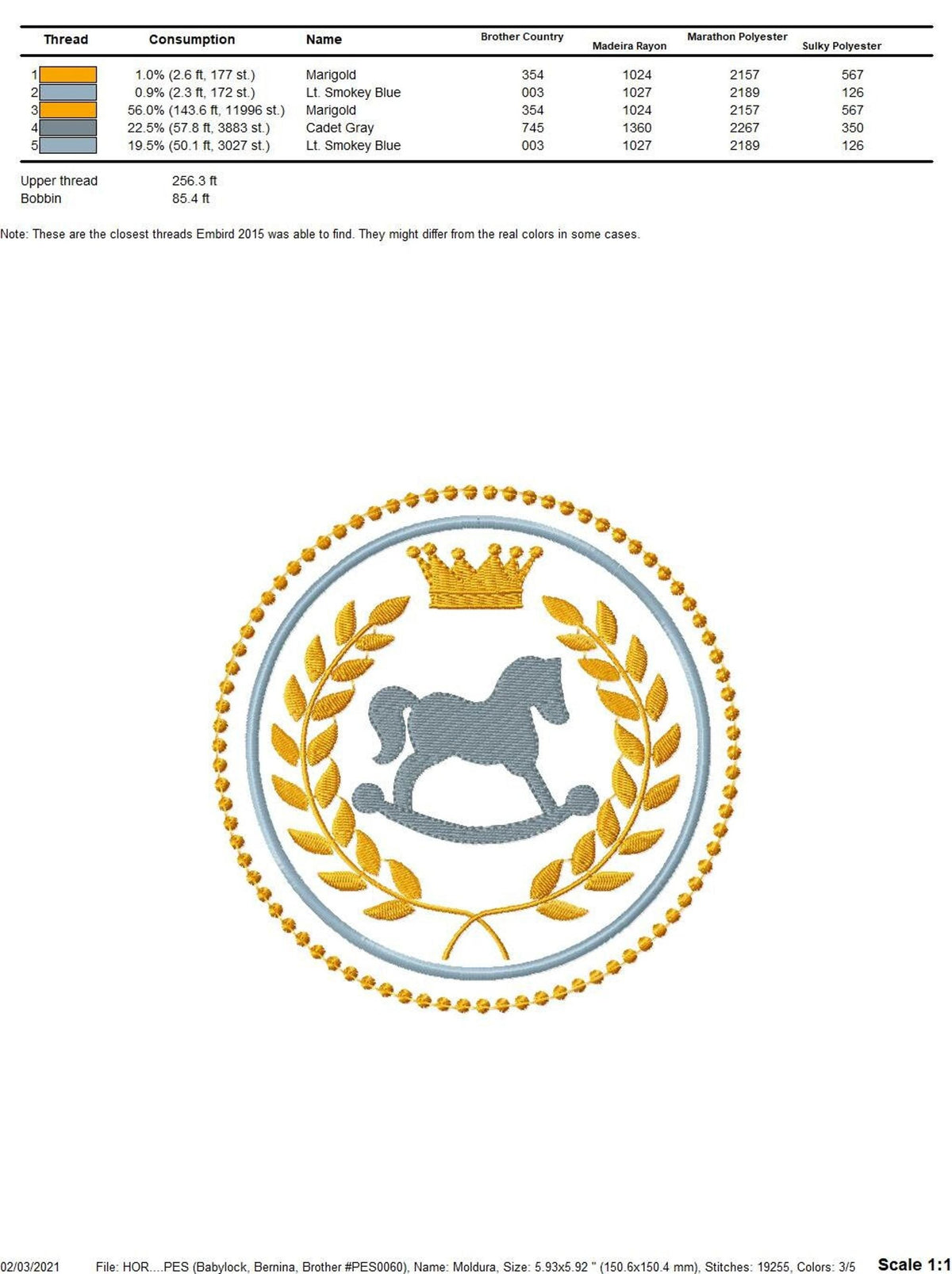 Stitch and size chart for the rocking horse embroidery design download, table lists measurements and stitch counts for each hoop