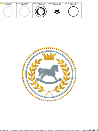 Hoop templates and format icons for the rocking horse embroidery design, machine embroidery design download details and usage notes