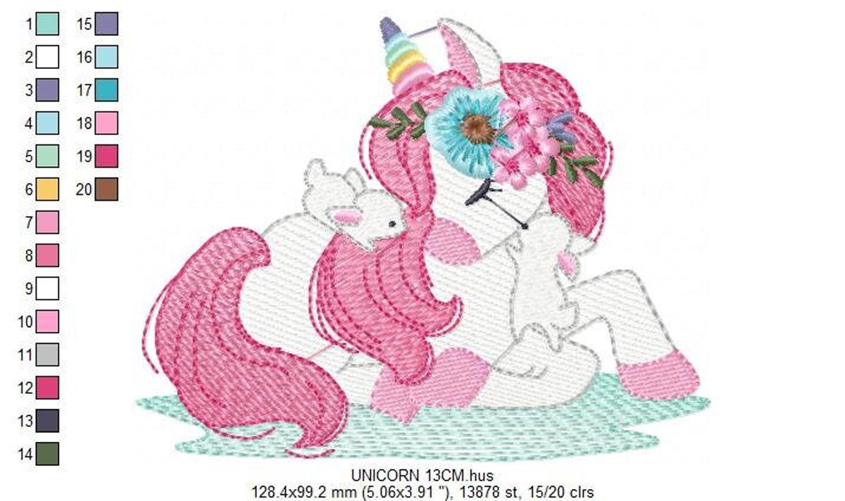 Unicorn baby embroidery design with visible stitch color chart and numbered palette, handy digital download embroidery file reference