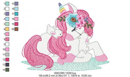 Unicorn baby embroidery design with visible stitch color chart and numbered palette, handy digital download embroidery file reference