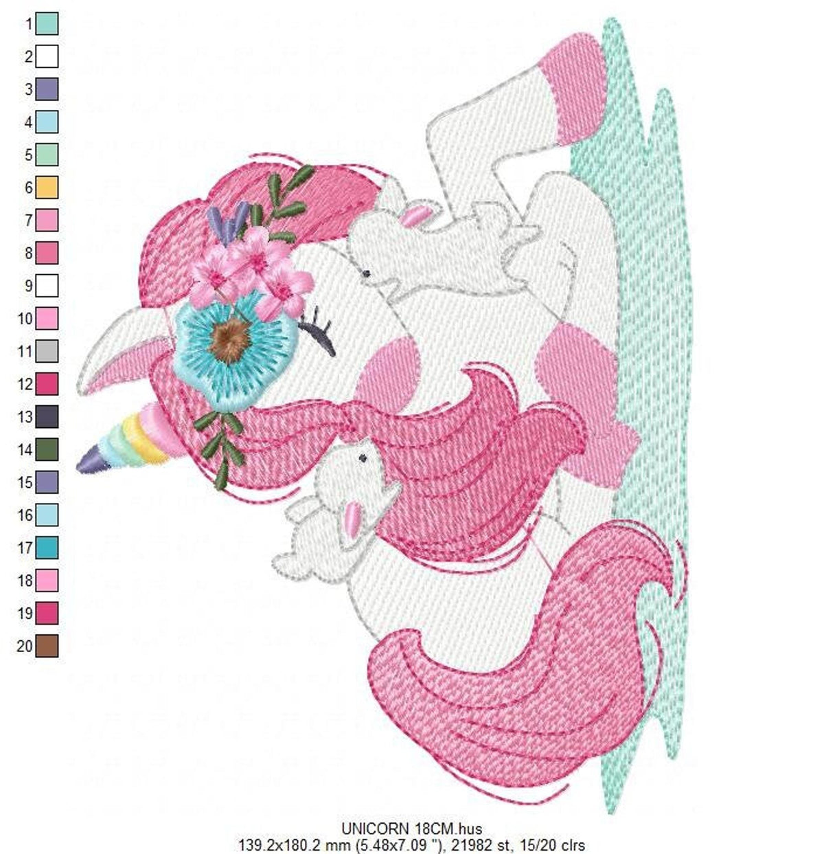 Cropped view focusing on flowing pink tail and mint background stitches, baby clothes embroidery design and cute unicorn embroidery pattern